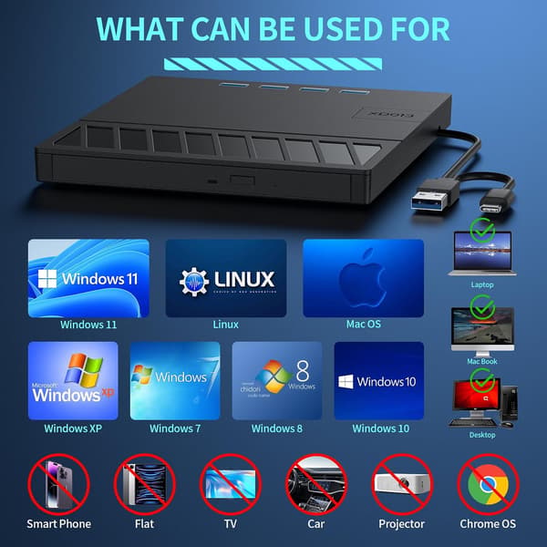 7-i-1 Ekstern USB DVD-stasjon Bærbar CD/DVD-spiller Brenner Kompatibel med Windows 11/10/8/7, Linux, Mac OS