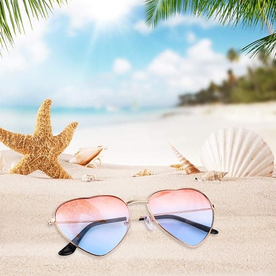 2 par briller Hjerteformede solbriller til Hippie Fancy Dress Accessory, Rose Gold Frame (Gradient Pink til Blue Lens)