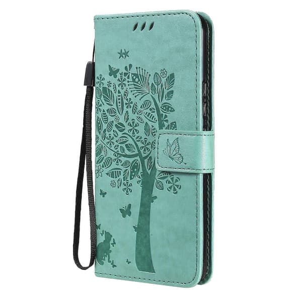 For vivo V21 Tree & Cat Embossing Pattern Horizontal Flip PU Leather Case with Holder & Card Slots & Wallet & Lanyard [DB] Green Green