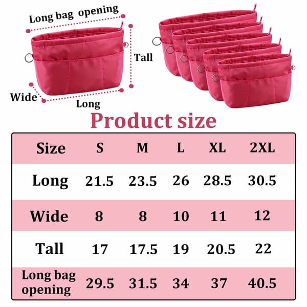 Taskeorganizer, nylon med lynlås, nøglering og flere lommer til håndtasker og rejser, medium 23,5 x 8 x 17,5 cm
