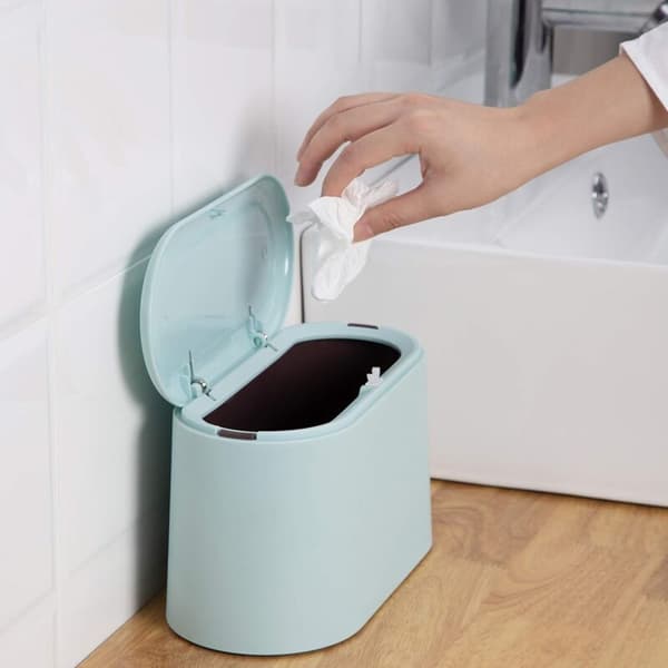 Mini Trash Can Press Trash Can Lid Makeup Holder Vanity Bathroom Kitchen Car Desk (Light Blue)
