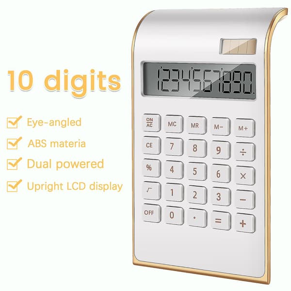 Calculator, Slim Elegant Design, Office/Home Electronics, Dual Powered Desktop Calculator, Solar Power, 10 Digits, Angled LCD Display, Tilted Design