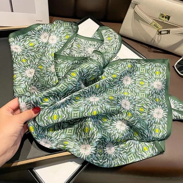 100% Mulberry Silk Women's Scarf/Shawl, Green and White Floral Pattern