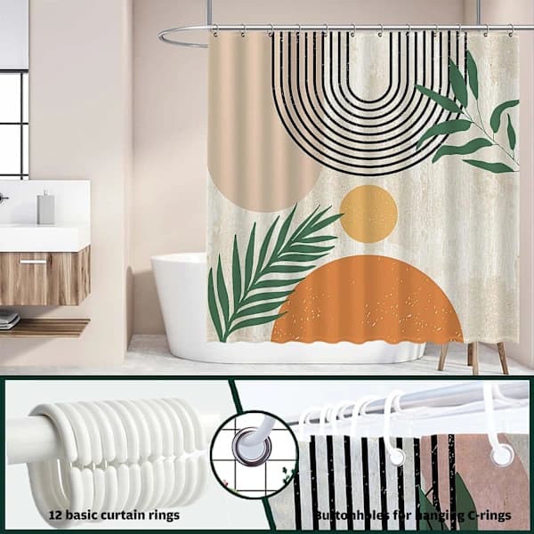 Abstract Shower Curtain Boho Arch Sun Beige Modern Minimalist Home Bathtub Set with 12 Hooks Washable Durable Polyester