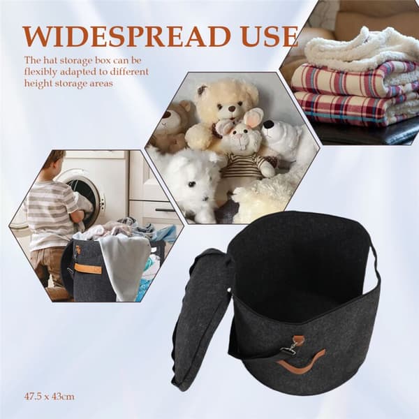 Round Hat Storage Box - Foldable Hat Box with Lid for Stuffed Clothes and Pet Toys, Portable Organizer Box Dark Grey