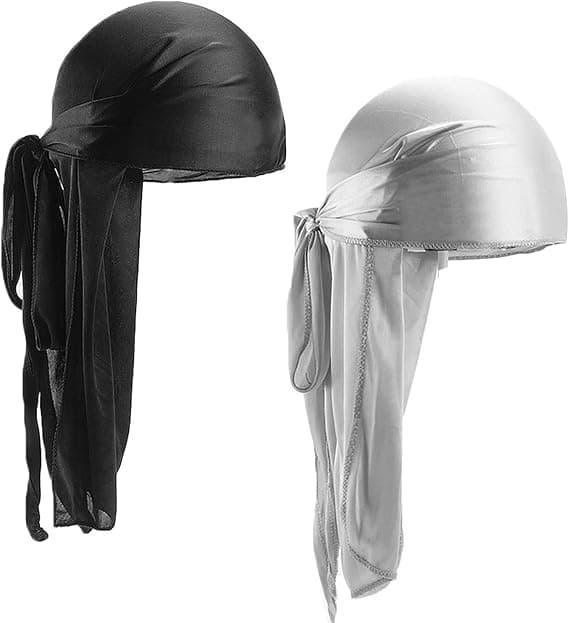 2 stk. Sort Sølv Silkeagtig Durag Unisex Hue Hat Durag til Mænd Kvinder