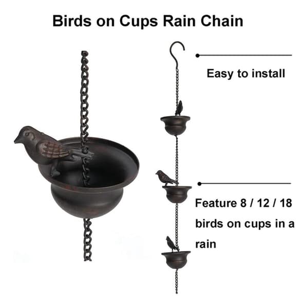 Rain Chains for Gutters Mobile Birds on Copper Rain Bells 7.8ft Rain Bells with Hanger and Attached Birds