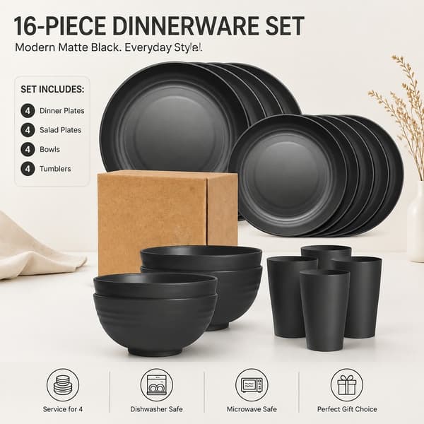 Wheat Straw Dinnerware Set, 16-Piece, Black, Plates Bowls Mugs, Microwave Safe, Household