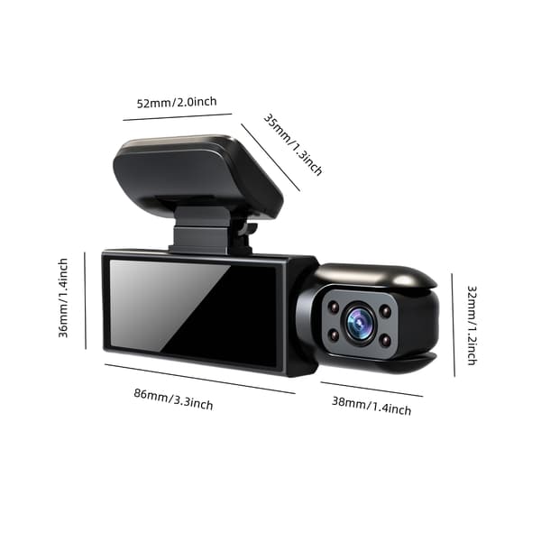 1080P Dobbel Dash Cam med Infrarød Nattsyn, Loop-opptak 3,16-tommers IPS-skjerm