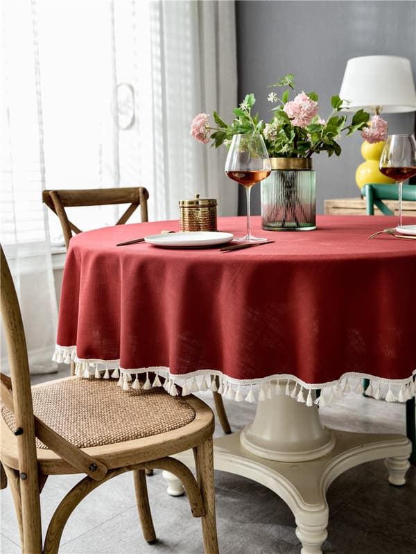 Simple Round Cotton Linen Tablecloth with Fringes, 160 cm