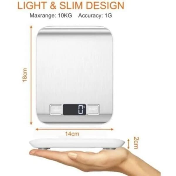 Elektronisk køkkenvægt, 10 kg/1 g, rustfrit stål, LCD-display, tara, 6 enheder