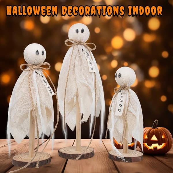 Halloween Ghost Figure Decoration - 3 Pcs Wooden Ghosts for Shelf & Table - Perfect Halloween Decor
