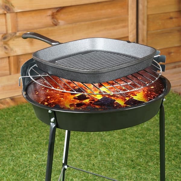 Firkantet støpejerns grillpanne med grillbunn og silikonhåndtak