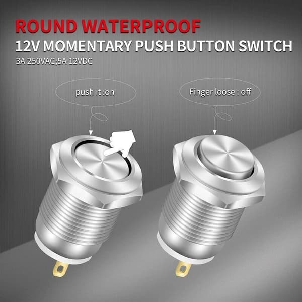 12mm Waterproof Momentary Push Button Metal Push Buttons SPST NO Momentary Button 2A 12V/24V/125V/250V 5-pack (High Head) -