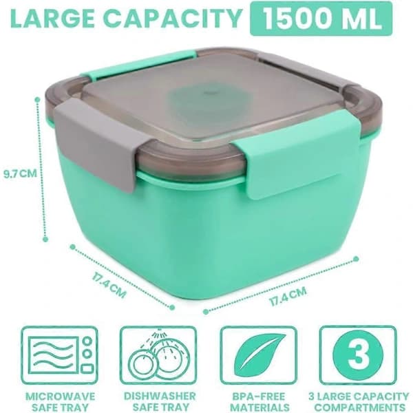 Lunch Box 1500ml, Bento Box Salad Container with 3 Compartments and Sauce Box, with Dressing Container, Lunch Box for Microwave and Dishwasher, Green