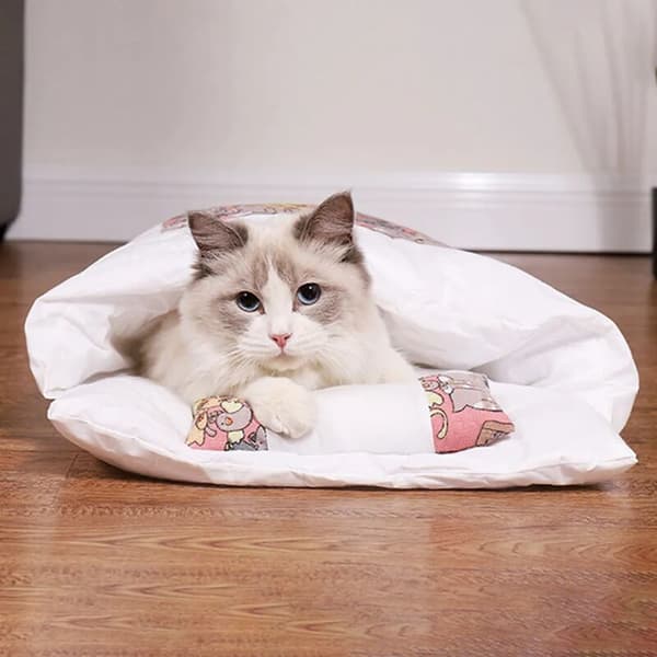 Katt sovepose, kattseng hul, søt kattseng med avtakbare puter, myk kjæledyrmatte, maskinvaskbar kjæledyrseng, blått kattemønster-L