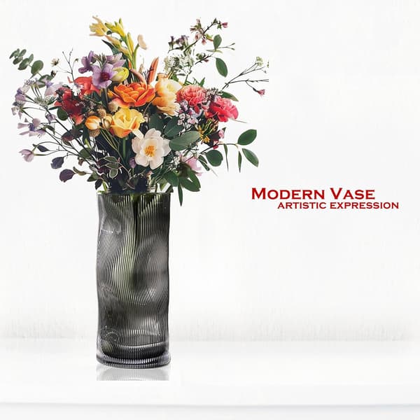 Sort Grå Glasvase til Blomster, Stor Høj Riflet Blomstervase til Gave Stue Moderne Personlig Boligindretning