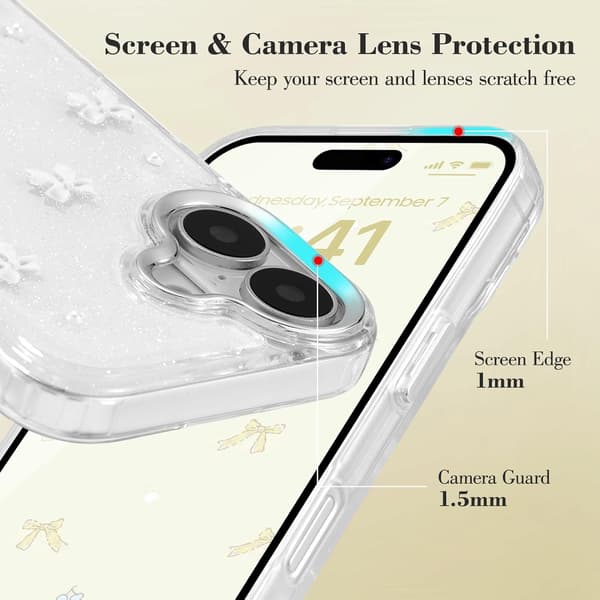 Case for iPhone 16, Bling Glitter 3D Bow Phone Case Cute Glittery Crystal Clear Bow Slim Soft Durable Protective Case White White iPhone 16 White iPhone 16