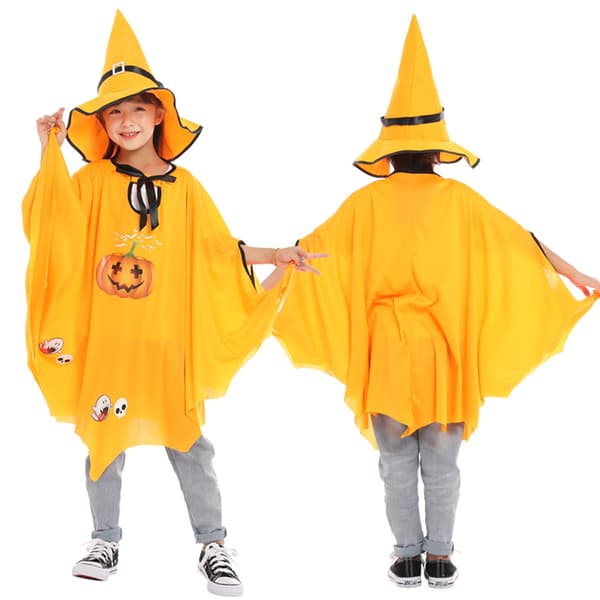 (Gul) Halloween-heksekappe for barn med hatt - Hudvennlig