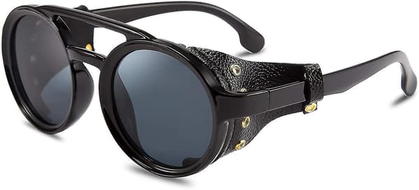 Steampunk Round Sunglasses Vintage Retro Eyebrow Plastic Frame with Leather - Black-FA11-