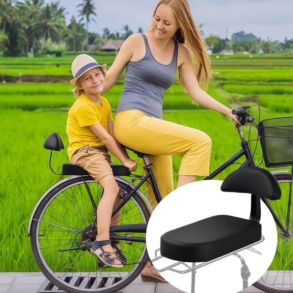 Cykelbagagebærersæde med ryglæn, PU-læder tyk skumpolstring, til børn og voksne passagerer, sort 32x15x5cm