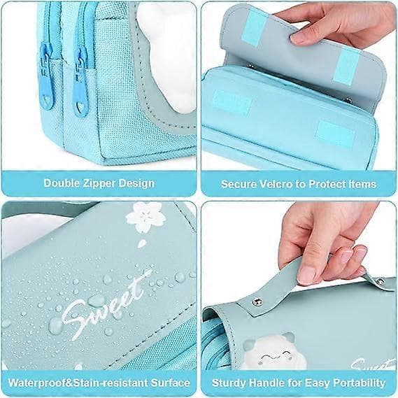 Large Pencil Case with Multiple Compartments Office Supplies Cosmetic Bag Blue