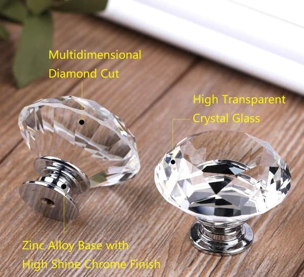 2-pakning 30 mm (klar diamant + krombase) krystallglass skapsknott