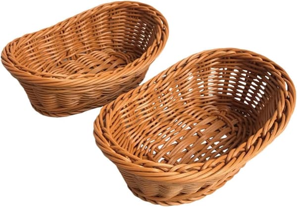 2 st Imitation Rotting Flätade Brödkorgar Poly Wicker Fruktkorgar för Matservering Display Grönsaker Hem Kök Restaurang Utomhus Brun L