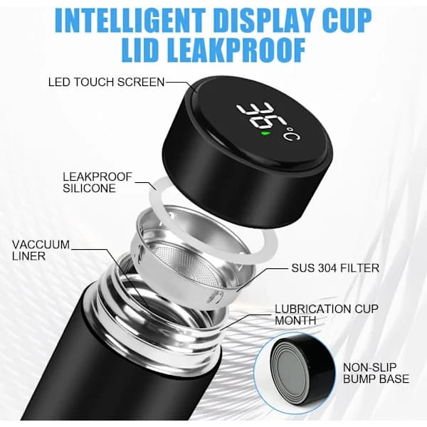 [PL] Mini isoleret vandflaske i rustfrit stål, 300 ml smart LED-temperaturdisplay, lækagesikker, til løb, skole, kontor | Sort