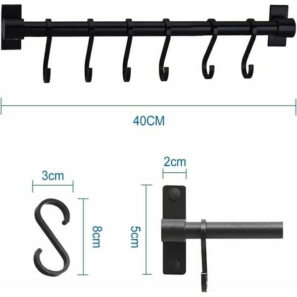40 cm Wall Mounted Kitchen Utensil Holder with 6 Removable Hooks, Wall Mounted Door Shelf for Kitchen Utensils (Black)