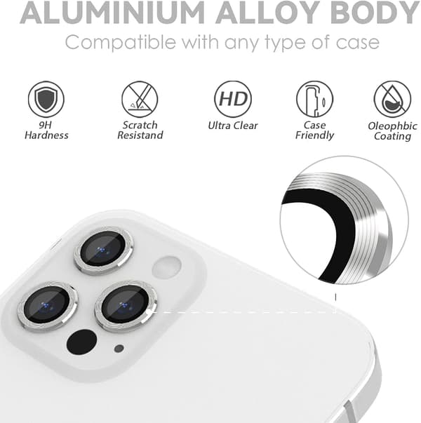 Sølv Bakre Kamerabeskyttelse Kompatibel med iPhone 13 Pro og iPhone 13 Pro Max, [Aluminiumslegering], Full Beskyttelse & 9H Hardhet Kamerabeskyttelse