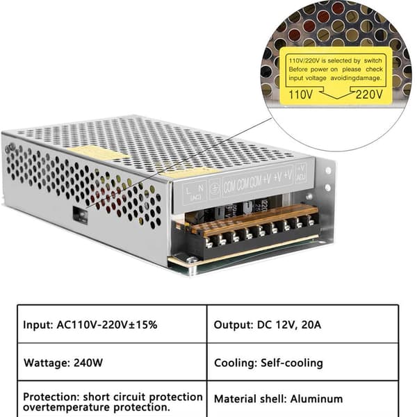 DC 12V 20A Universal Regulert Bryterstrømforsyning Transformator for LED Strip Light
