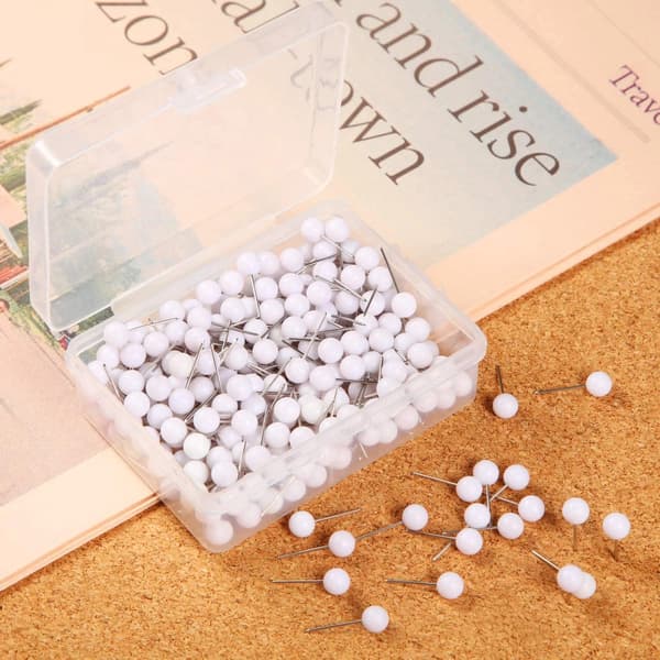 Map Tacks, 300 Pcs Small Round Ball Head Pins for Cork Board, Bulletin Board, Travel Marking, White, 1/5 Inch