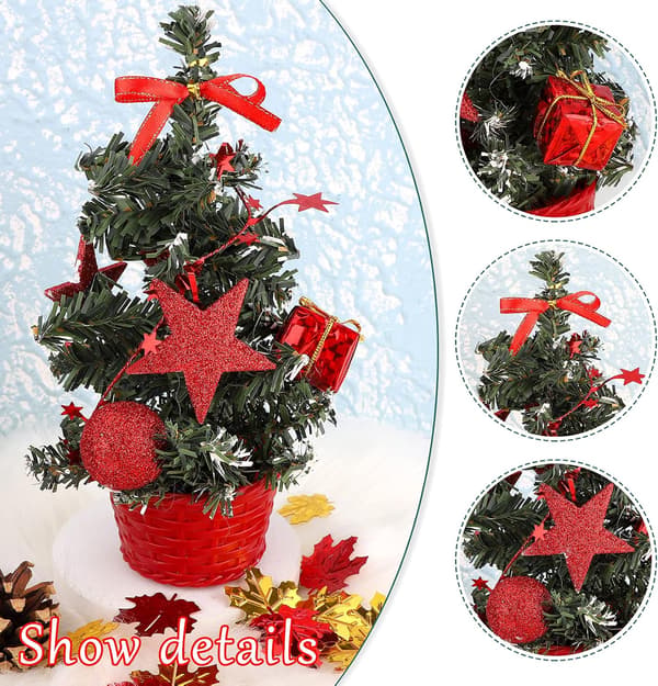 Mini Kunstig Juletræ - Rød (med Pynt), 20cm Skrivebords