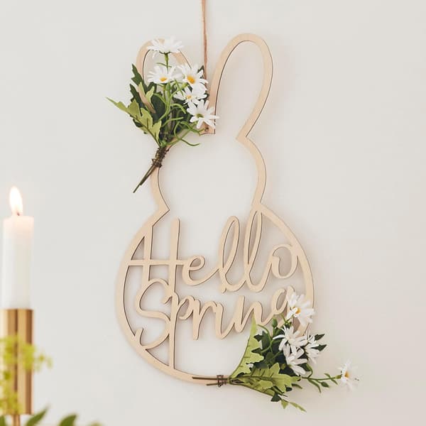 Wooden Easter Wreath with Rabbit, Door Decoration, Daisy Crazy, 36 cm (H) x 20 cm (W)