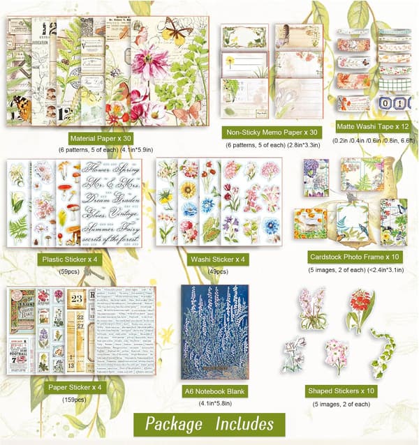 Plant Scrapbooking Kit, Junk Journal Kit with Washi Tape, Stickers, A6 Notebook, Botanical Bullet Jo