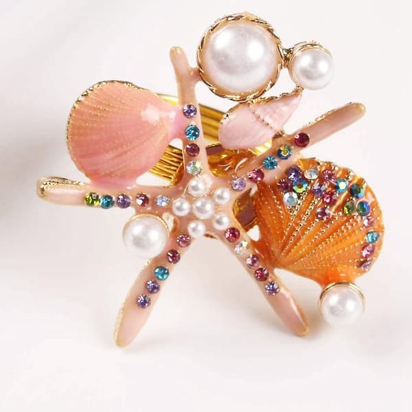 4 Starfish Napkin Rings, Pearl and Rhinestone, Ocean Theme, Pink
