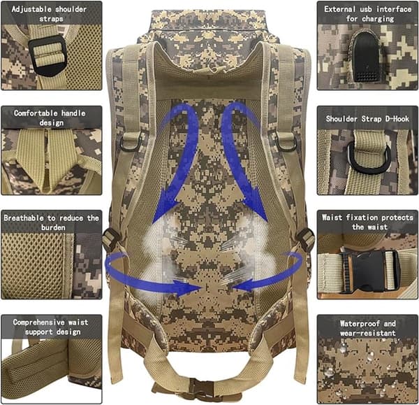 80L camouflage vandrerygsæk – unisex, let, til daglige udendørsaktiviteter
