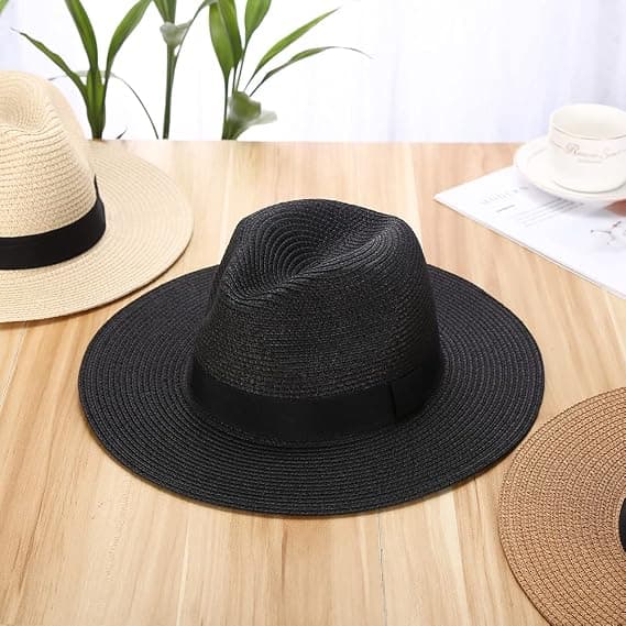 Sommarstrand solhatte, vævet Fedora Panama hat rullebar strå-Fedora beskyttelse UPF50+ bred skygge floppy dame strå solhat