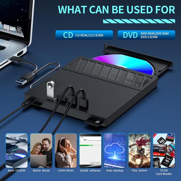 7 i 1 USB Ekstern DVD-drev Bærbar CD/DVD-afspiller Brænder Kompatibel med Windows 11/10/8/7, Linux, Mac OS