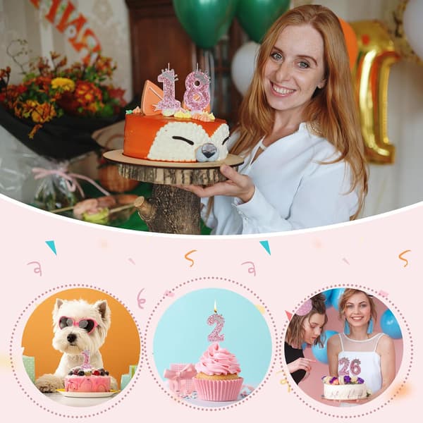 Bursdagslysnummer, rosa kronebursdagslys til kake, glitter nummer 6 lys kakedekorasjon med paljetter (rosa 6)
