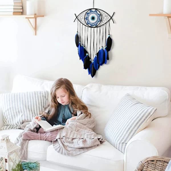 Evil Eye Dream Catcher Hand-Woven Blue Macrame Dream Catcher Evil Eye Wall Decor Home Decor Ornaments Christmas Halloween Gift
