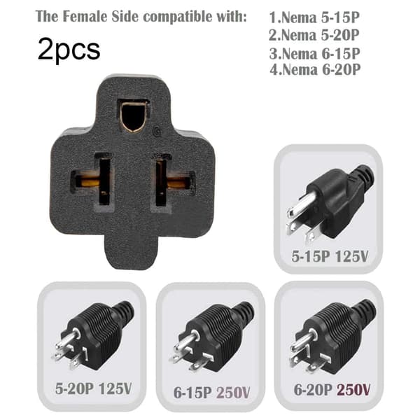 NEMA 5-20R til NEMA 5-15P konverteringspluggadapter svart 2-pakning
