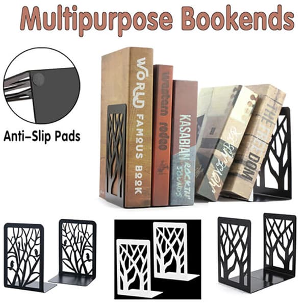 Metal Bookends, Pair, Heavy Duty, Non-Slip, Decorative Tree Design for Home, Office, Desk, White
