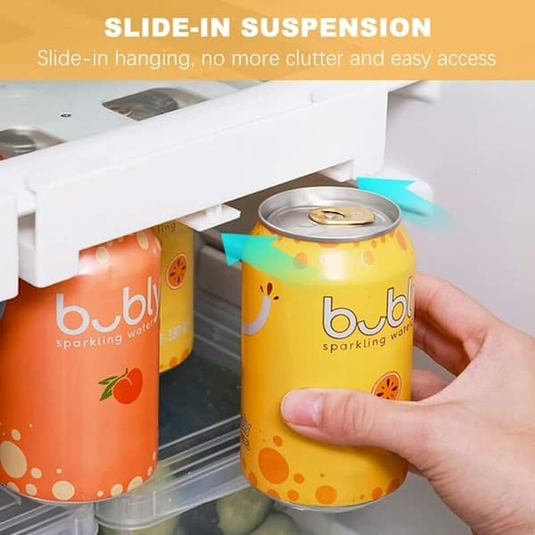 Hanging Soda Can Organizer for Refrigerator, Adjustable HIPS Can Dispenser for Beer and Drinks, Space-Saving Fridge Storage Rack, White