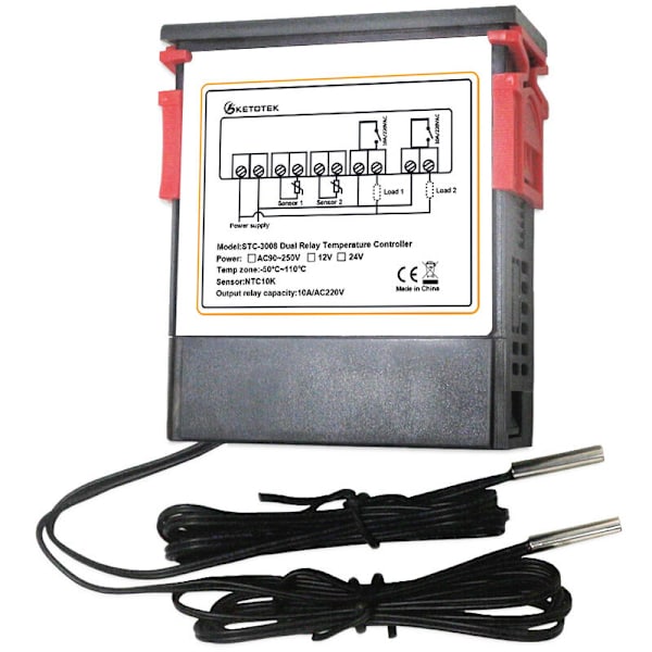 Dual Digital Display Thermostat Temperature Controller with Dual NTC Probe Relay Output, DC 24V - DC 24V