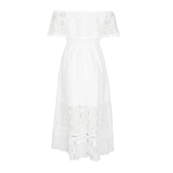 Bohemisk spetsklänning för dam, vit strandklänning, kortärmad off-shoulder maxiklänning - yu S