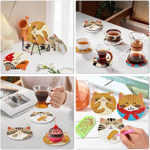 Diamantmaleri Coaster Sæt Katte-design med stativ Akryl Korkbagside DIY Diamantkunst Sæt til voksne 6-pak 10x10cm
