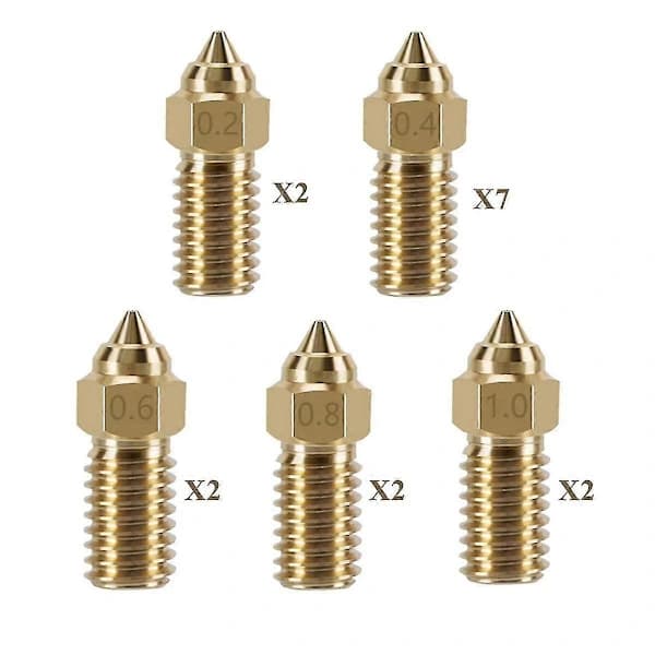 15 stk. messingdyser sæt til 4, 3D-printer 7 stk. 0,4 mm og 2 stk. 0,2 mm, 0,6 mm, 0,8 mm, 1,0 mm dysesæt