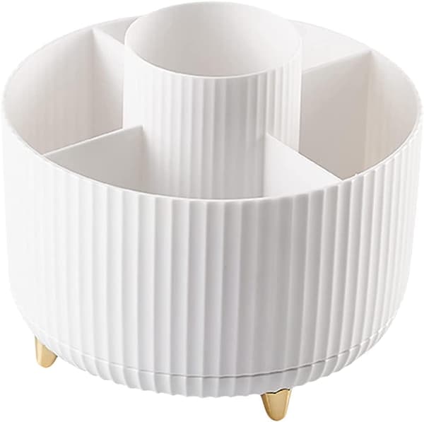 360° Rotating Makeup Organizer Makeup Brush Holder with 5 Compartments for Dressing Table Bedroom Bathroom Office White White